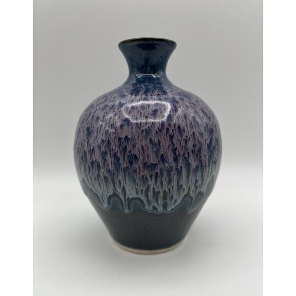 Studio Art Pottery Purple & Blue Drip Glaze Bud Vase 6” Signed Mick Schwartz - Picture 8 of 8